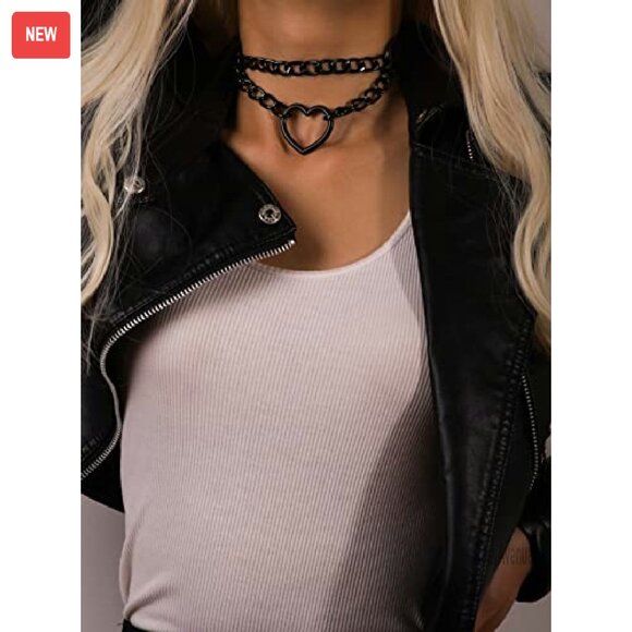 Adjustable Heart Chain Choker Necklace, Gothic Punk Style, Zinc Alloy & PU - Picture 4 of 8